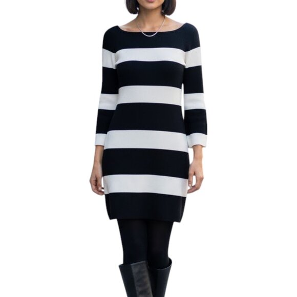 INC International Concepts Striped Sweater Dress Black White Knit Medium - Picture 1 of 11
